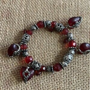 Filigree Silver Tone Heart Charm Dangle Bracelet Red-Vintage